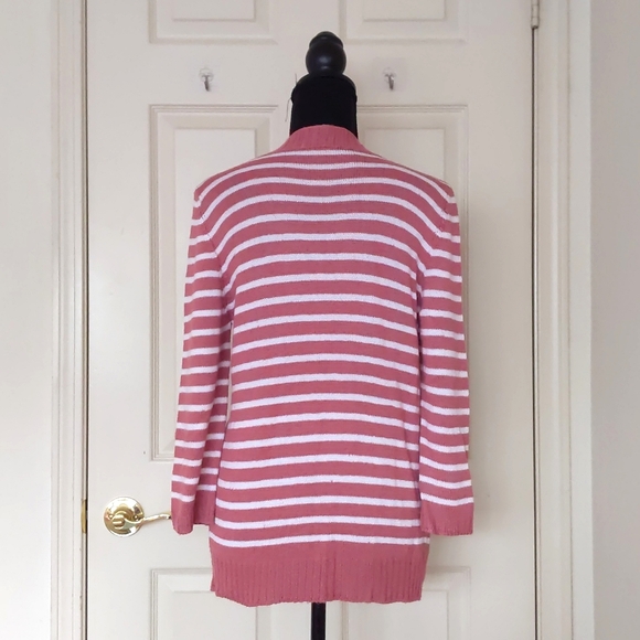 Openfront 3/4 Sleeve Cotton Striped Cardigan Sweater with Front Pockets. - Picture 2 of 4
